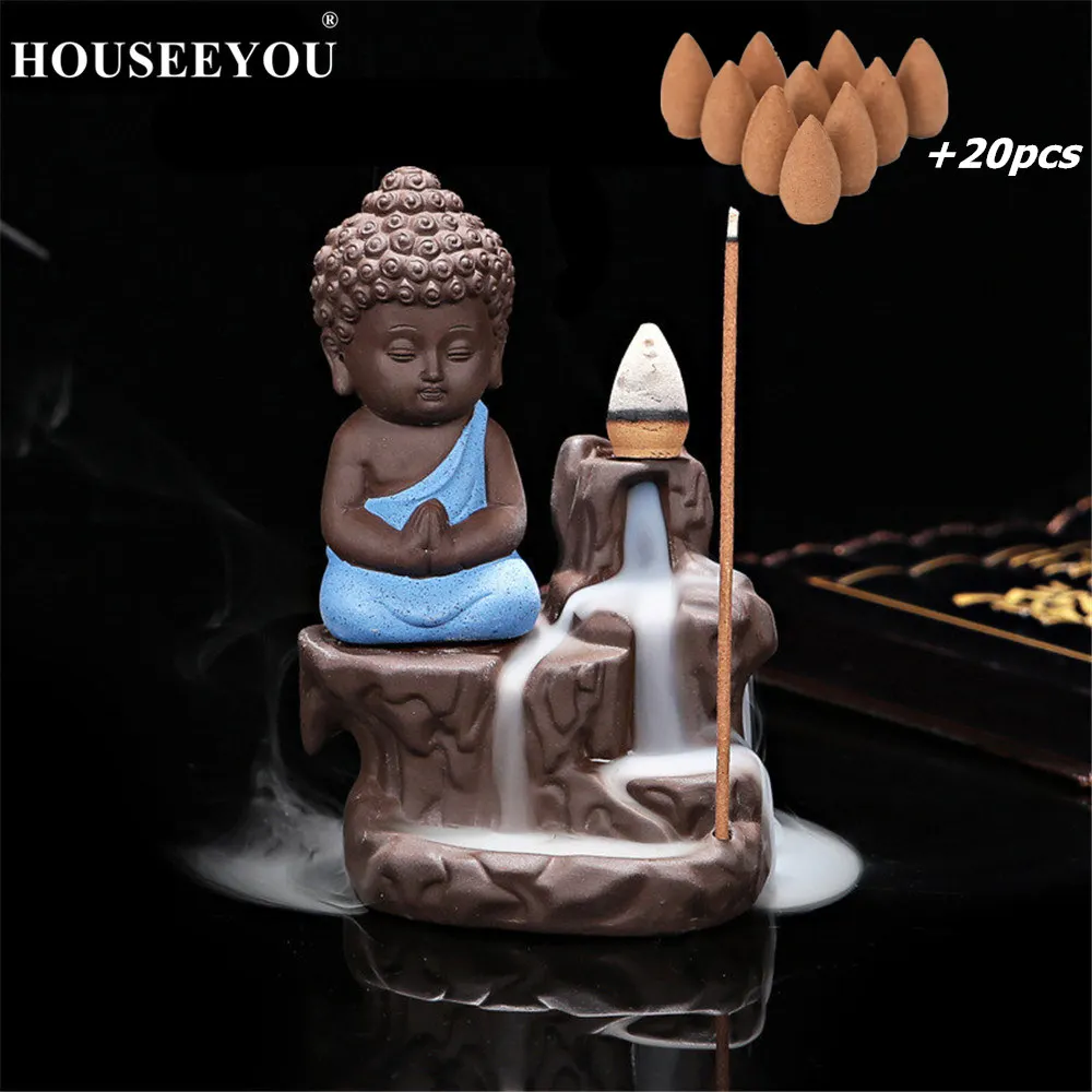 

Buddha Incense Holder Little Monk Censer Backflow Incense Burner +20PCS Waterfall Aroma Fragrance Cones Home Decor Stove