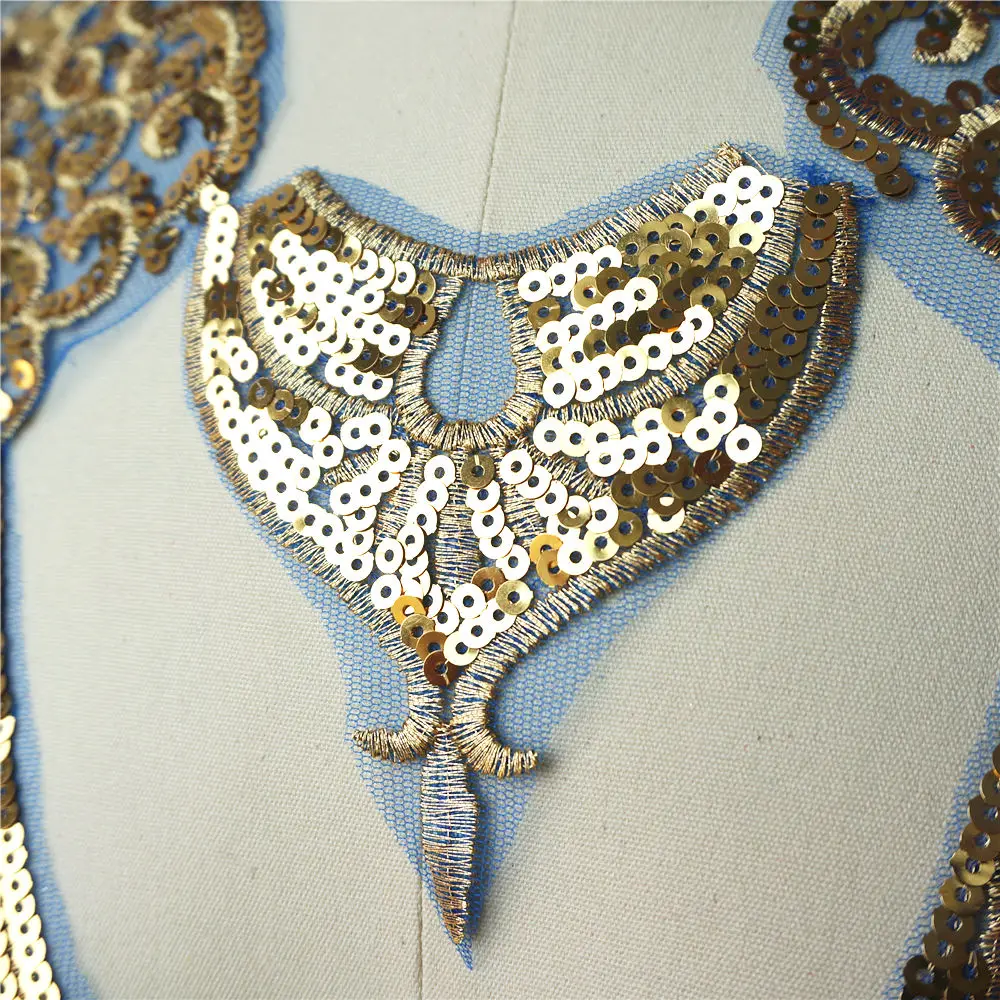 1 комплект золотые блестки кружевная ткань благородное платье Аппликации синяя