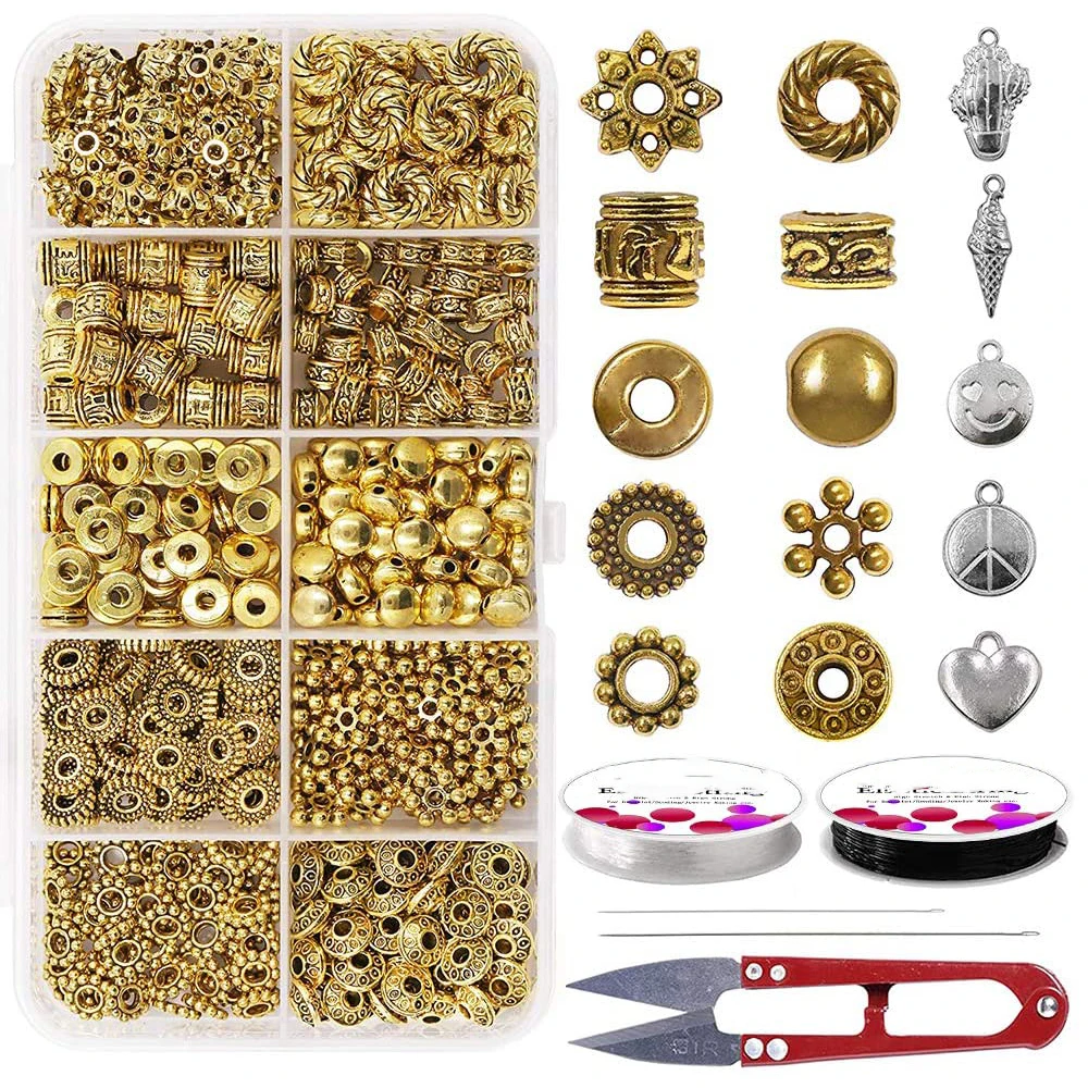 

Spacer Bead 300PCS 10 Style Antique Gold Jewelry Bead Charm Spacers Alloy Spacer Beads Kit Jewelry Findings Accessories with 2 C