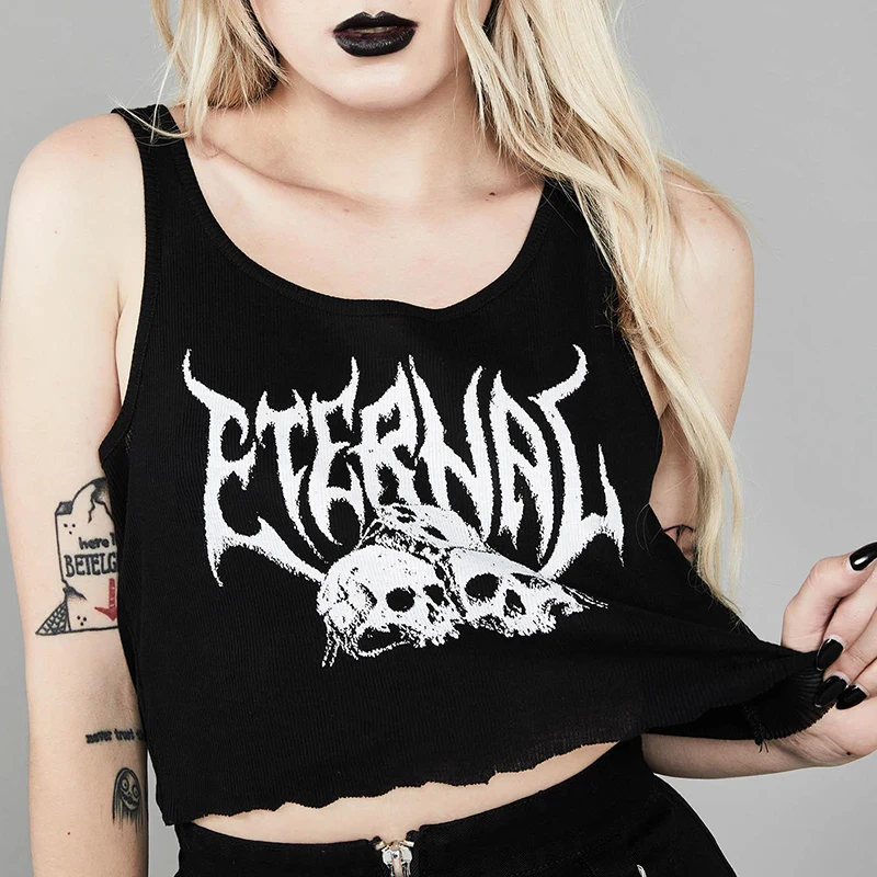 

Gothic Summer Sexy Crop Top Woman Punk Goth Dark Academia ETERNAL Skulls Print Club Wear Y2K Top Grunge Egirl Emo Alt Clothes