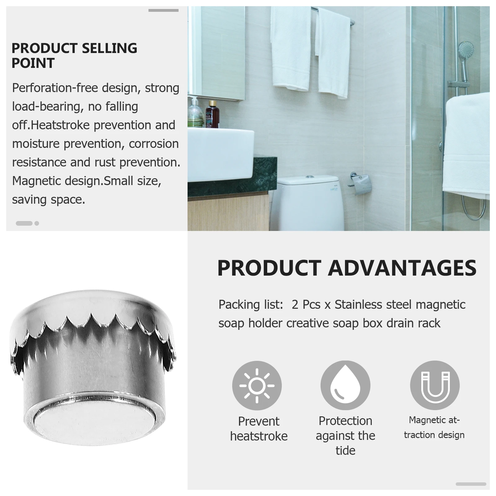 

2Pcs Bathroom Magnetic Soap Holder Stainless Steel Soap Drain Rack Silver