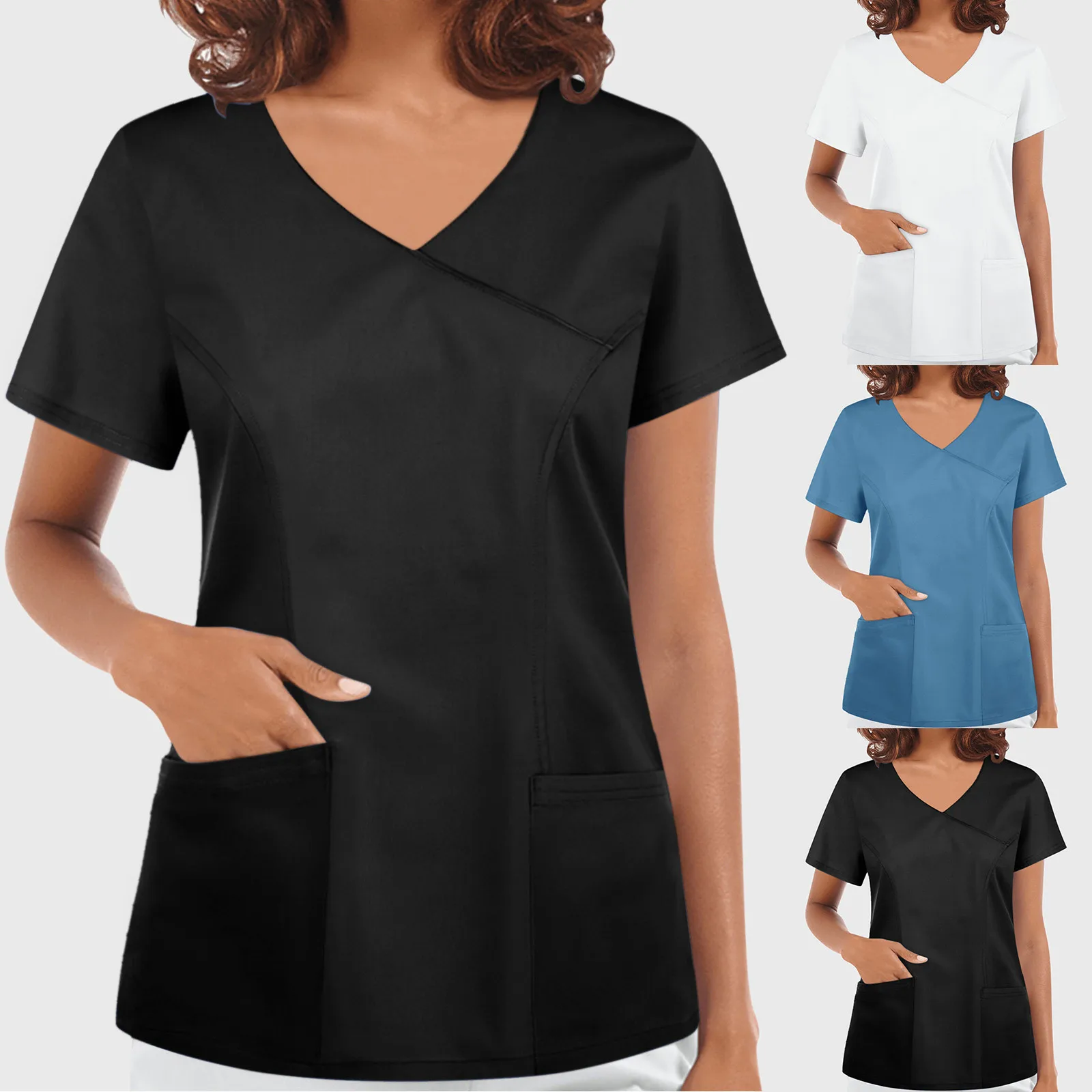 

Women Short Sleeve V-neck Tops Nursing Working Uniform Solid Color With Pocket Blouse Overalls Nurse Медицинская Одежда
