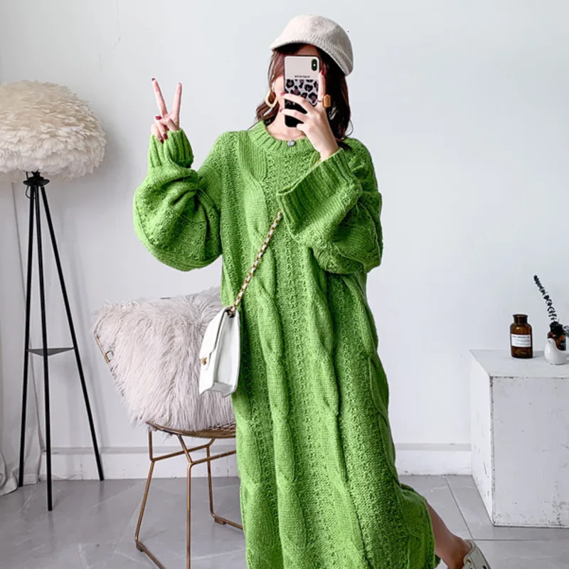 Женский Длинный пуловер с рукавами-фонариками DEAT свободное платье круглым