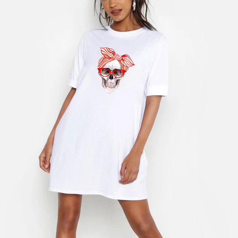 Женское платье футболка с героями мультфильмов принтом череп Летняя круглым