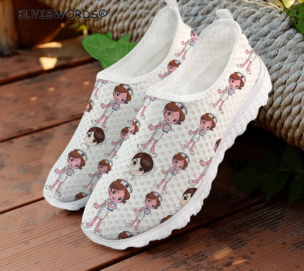 

ELVISWORDS Girls Nurse Prints Casual Ladies Flats Shoes Women's Lightweight Walking Shoes Comfortable Female's Sneakers Shoes