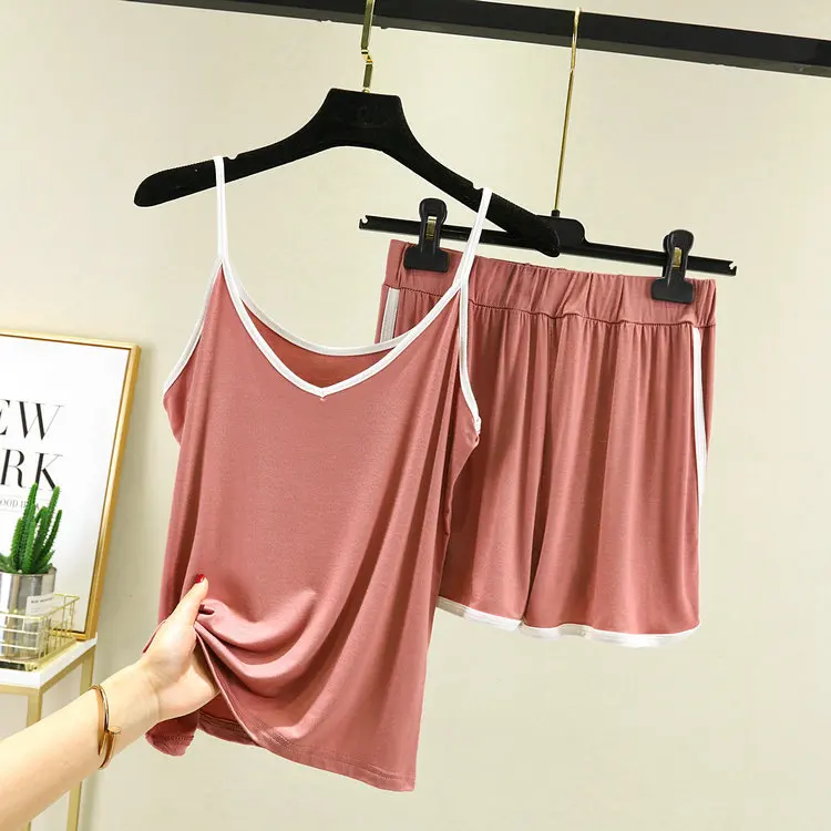 Korean modal color contrast suspender shorts home wear pajamas women's summer thin casual wear suit