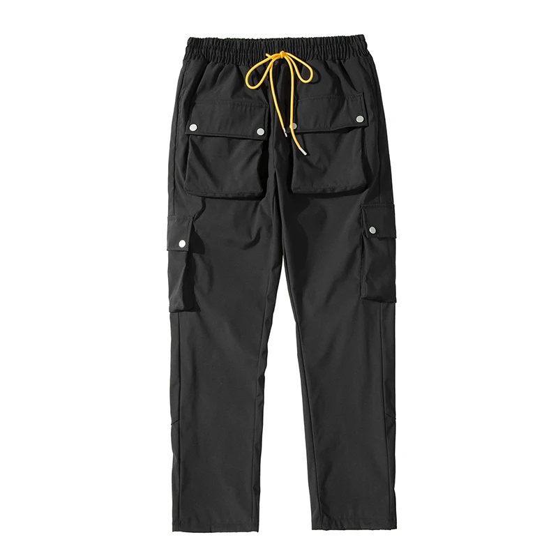 

High Street Casual Trousers for Men and Women Side Breasted Drawstring Cargo Pants Harajuku Solid Loose Pants