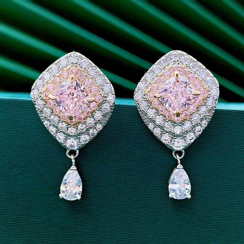 

New 2021 design new high carbon diamond 6*6mm pink quartz earrings female luxury 925 sterling silver ears Fine jewelry