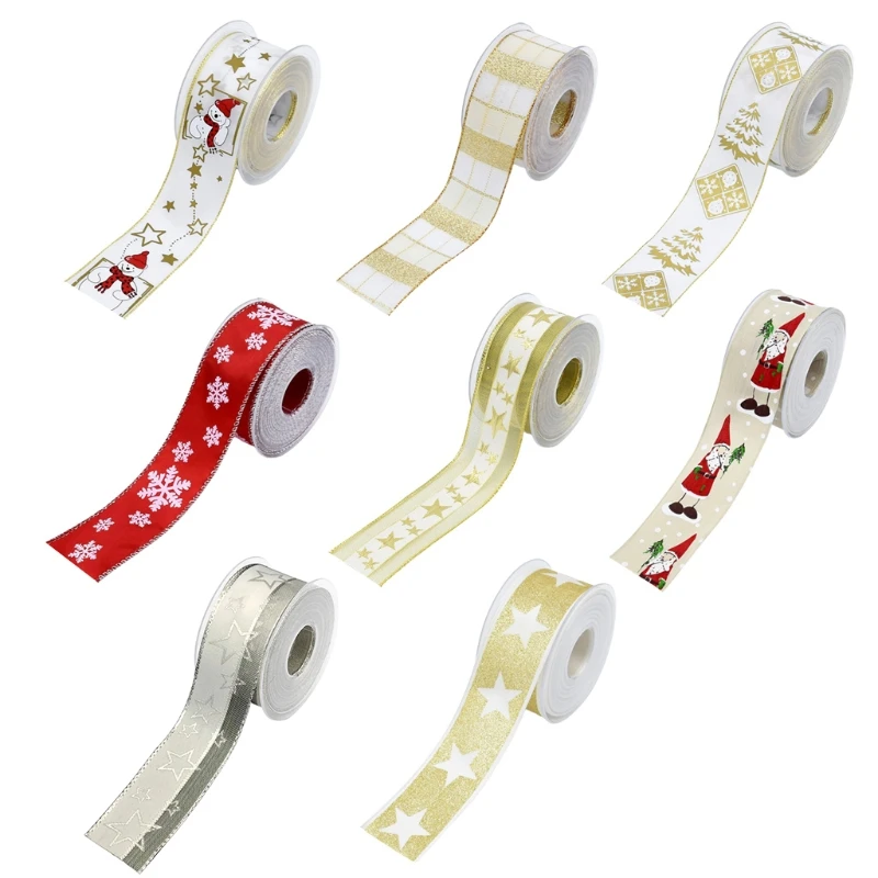 

C6UD Home Decoration Hair Bows DIY Christmas Ribbon Double Wired Edge Ribbon Printed Grosgrain Ribbons for Gift Wrapping