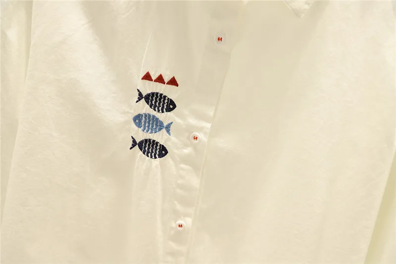 Women Blouses Shirts Tunic Womens Tops And Blouses 2020 Womenswear Long Sleeve Clothing Button Up Down White Embroidery Fish