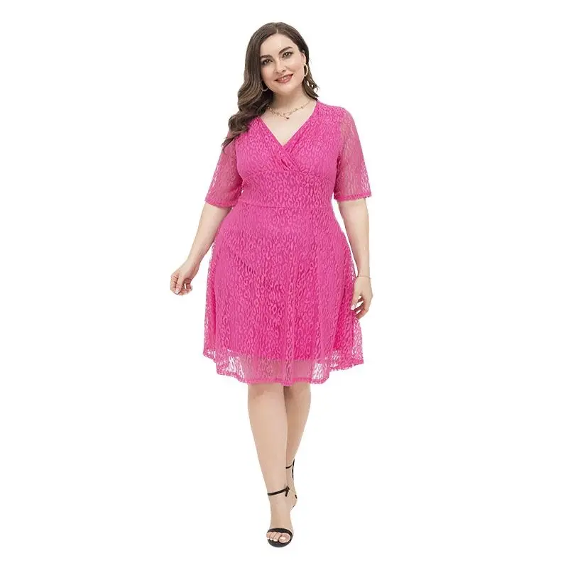 Fashion Summer Office Lady Dress V-neck Plus Size Pink Lace Women Swing Dresses Mother Of Bride Wear Party Cocktail Clothes