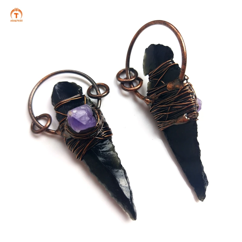 

Raw Stone Amethyst Pendant Wire Wrapped Smoky Quartz Energy Healing New Arrow Head Design Pointed Necklace Women Antique Jewelry