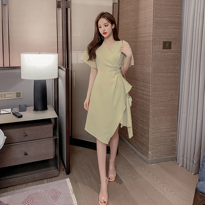 

COIGARSAM Women dress New Summer V-Neck Dresses Apricot 5076