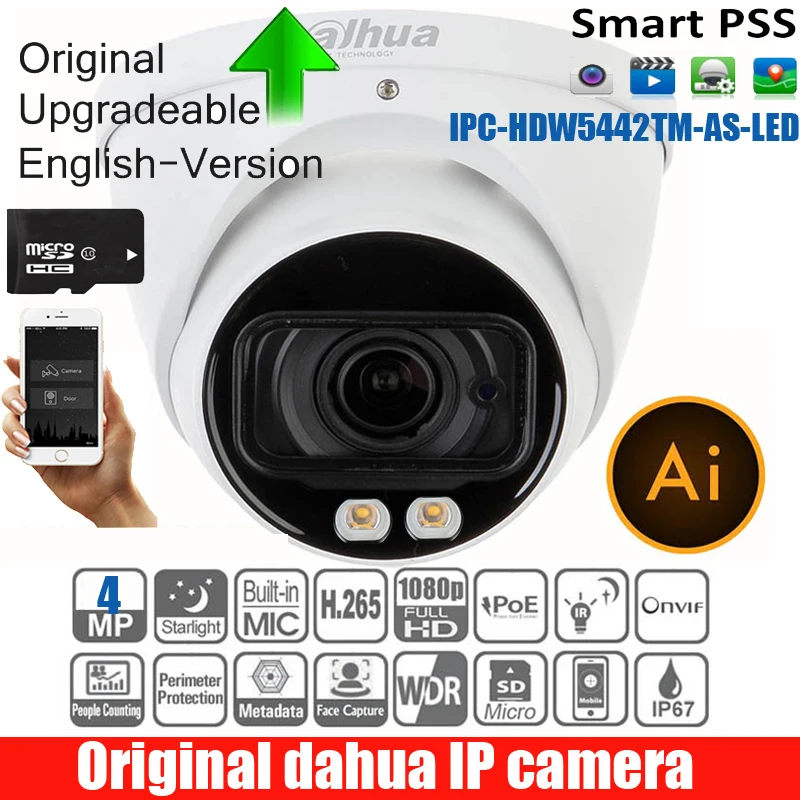 DAHUA английская ip-камера безопасности 4MP день/ночь WDR Видеонаблюдение ИК Eyeball AI сетевая камера IP67 DH-IPC-HDW5442TM-AS-LED