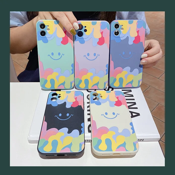 

Colorful Liquid Silicone Case for Iphone11 Pro Max Case Anime Back Cover for Apple Cute Cartoon Smile Pattern Soft Matte Cases