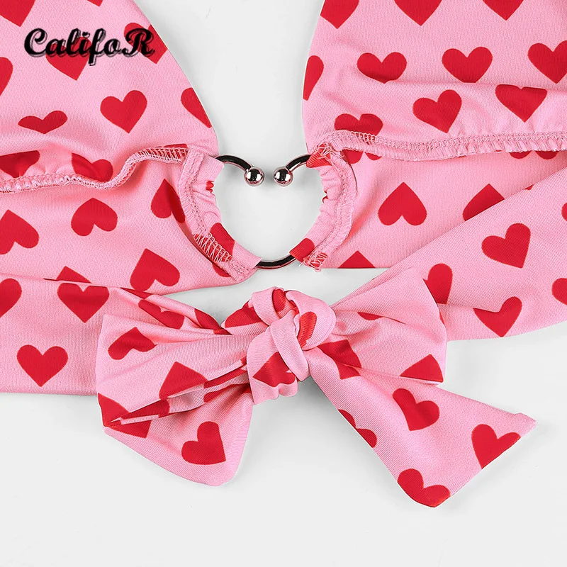 

CALIFOR Halter Lace Up Love Printing Backless Tank Tops 2021 Summer High Street Super-short Mini Cute Crop Top Camis for Women