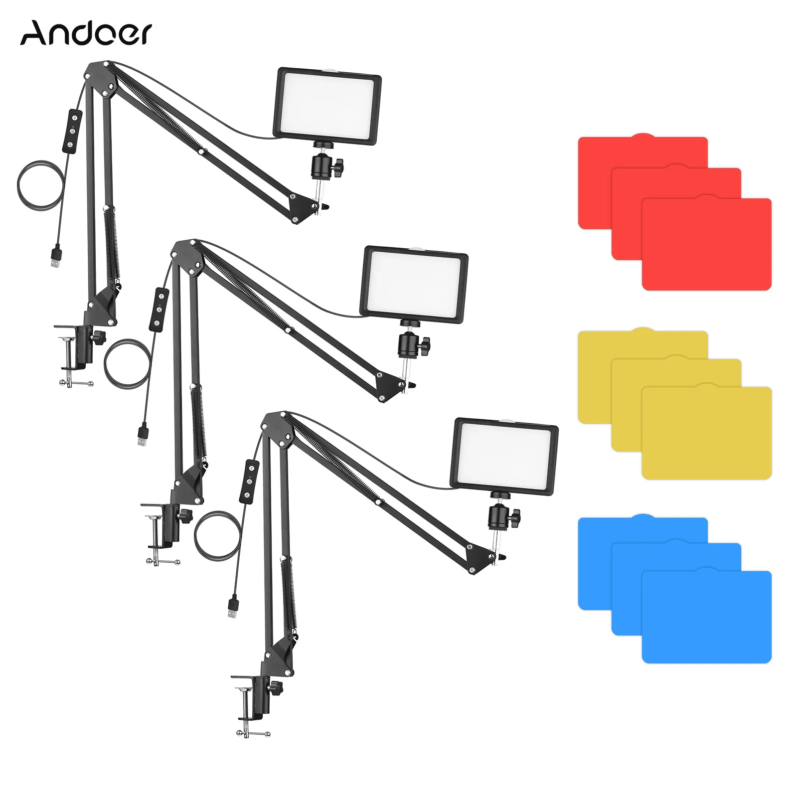 

1/2/3PCS Andoer USB Video LED Video Lights 5600K+Desk Mount Metal Light Stand+Ballhead Adapter+Color Filter for Video Recording