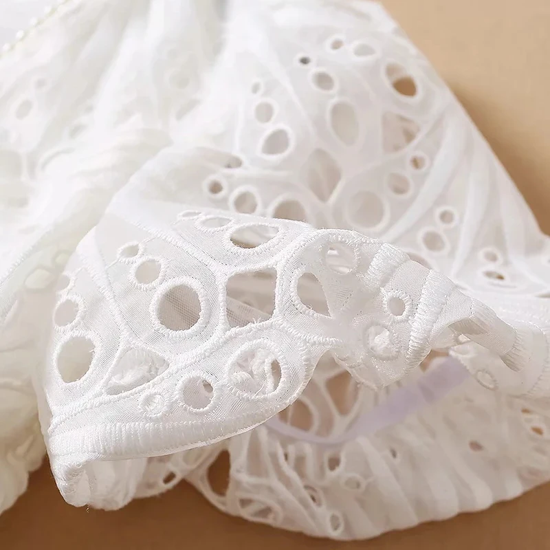 

AELESEEN High Quality Lace Dress Women Summer Puff Sleeve V-Neck Pearls Beading Hollow Out Elegant Office Ladies White Dress