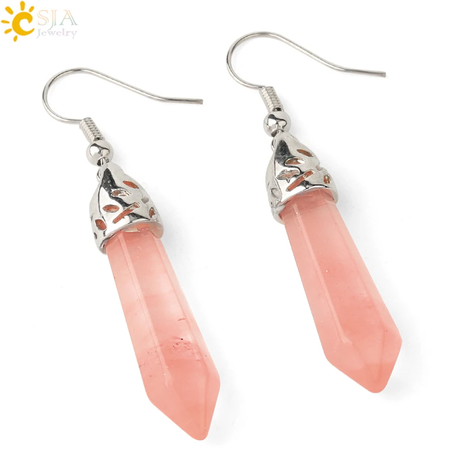 Watermelon Crystal CSJA, серьги с шестигранным драгоценным камнем, заживляющий необработанный Кварц из оникса, лазурит, тигровый глаз, родонит, павлин, камень, Женские Ювелирные изделия E091 - Окраска металла: Watermelon Crystal