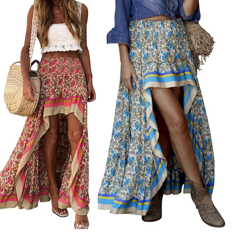 

2X Boho Print Long Skirts Women Bottoms Elastic Waist Gypsy Ethnic Ladies Skirt S Size Red & Blue