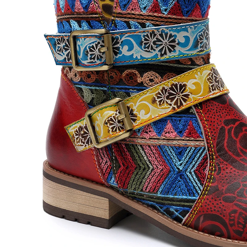 

Women's Ethnic Print Ankle Boots Woman Zip Low Heels Ladies Metal Buckle Short Boots Female Footwear Women Retro Shoes Plus Size
