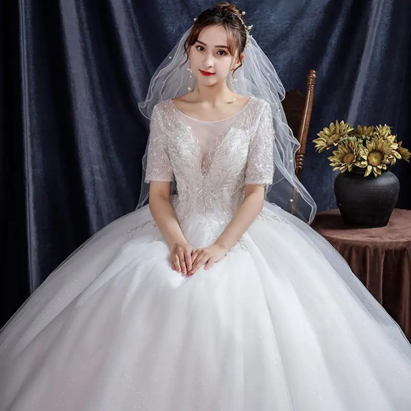 Cheap Wedding Dress Short Sleeve Classic Sequins Lace Up Ball Gown Princess Luxury Vestido De Noiva Robe De Mariee