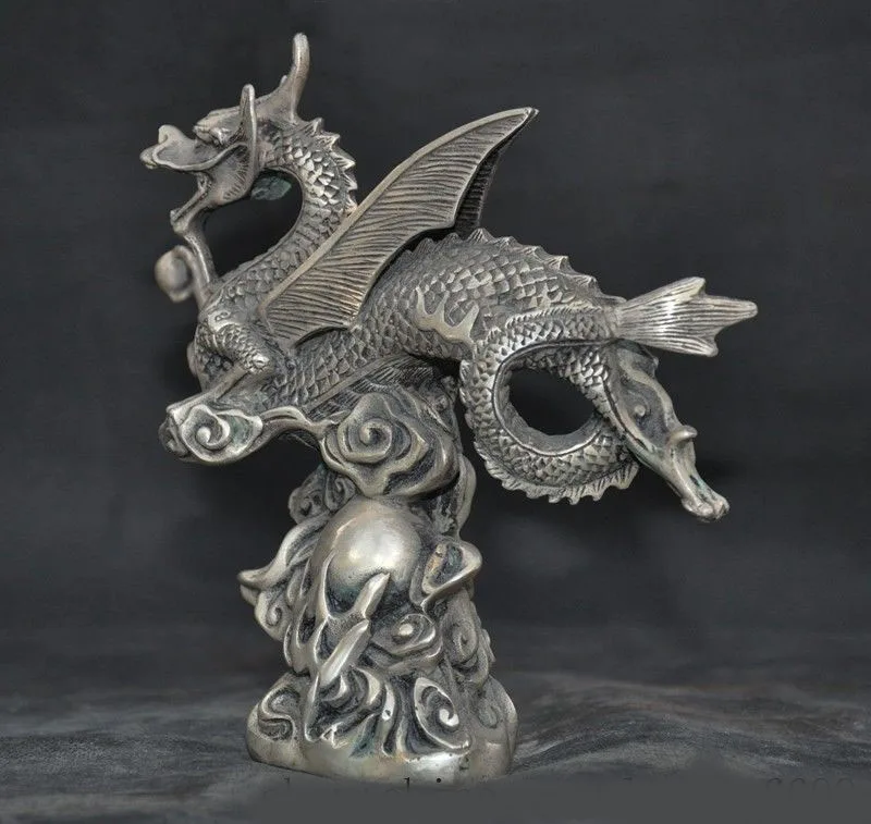 

wedding decoration Rare old Chinese Tibetan silver Feng Shui auspicious wealth wing Dragon statue new Year