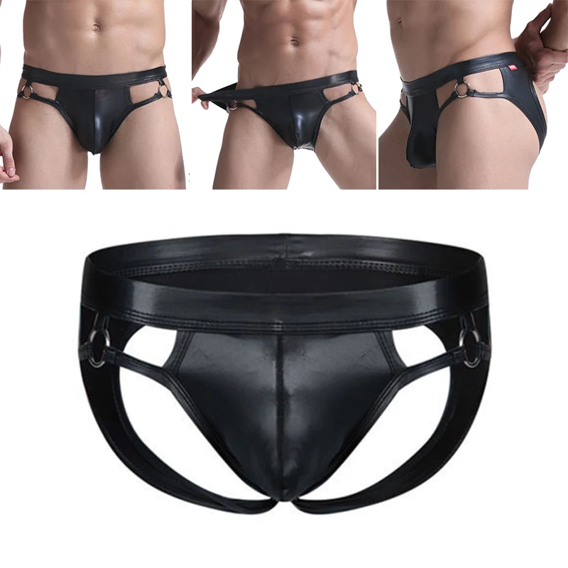 Сексуальное нижнее белье мужское кожаные трусы кожаное бикини jockstrap открытая