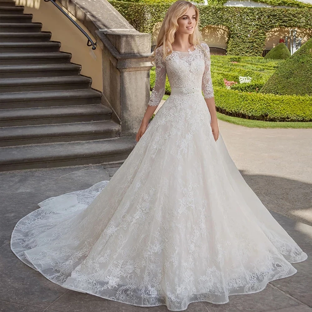 

3/4 Sleeves Full Lace Appliques Bohemain Wedding Dresses 2021 With Beaded Sashes Floor Length Ivory Robe Marriage Bridal Gown