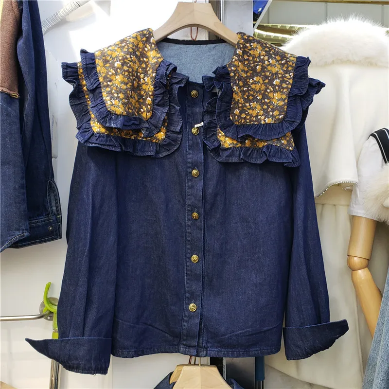 

SuperAen Autumn Winter 2021 New Floral Patchwork Ruffled Shawl Doll Collar Full Denim Shirt Blouse Women