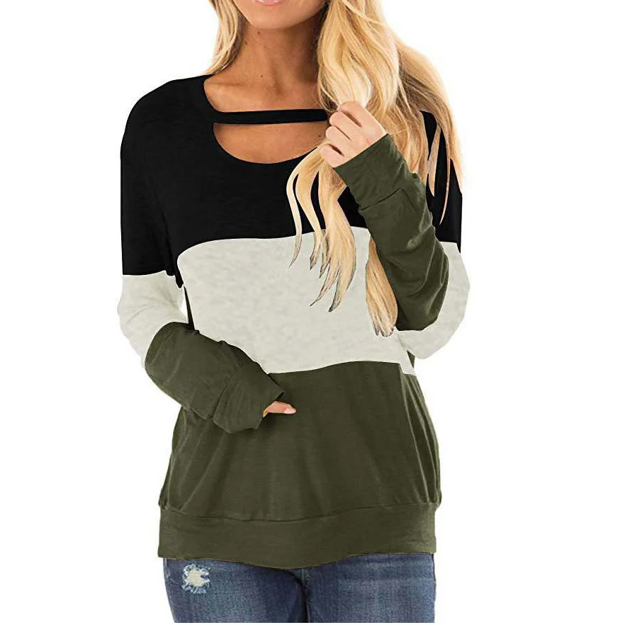 

Fashion Women T-shirt New Autumn Casual Hot-selling Round Neck Pullover Color Matching Loose Openwork Knitted T-shirt