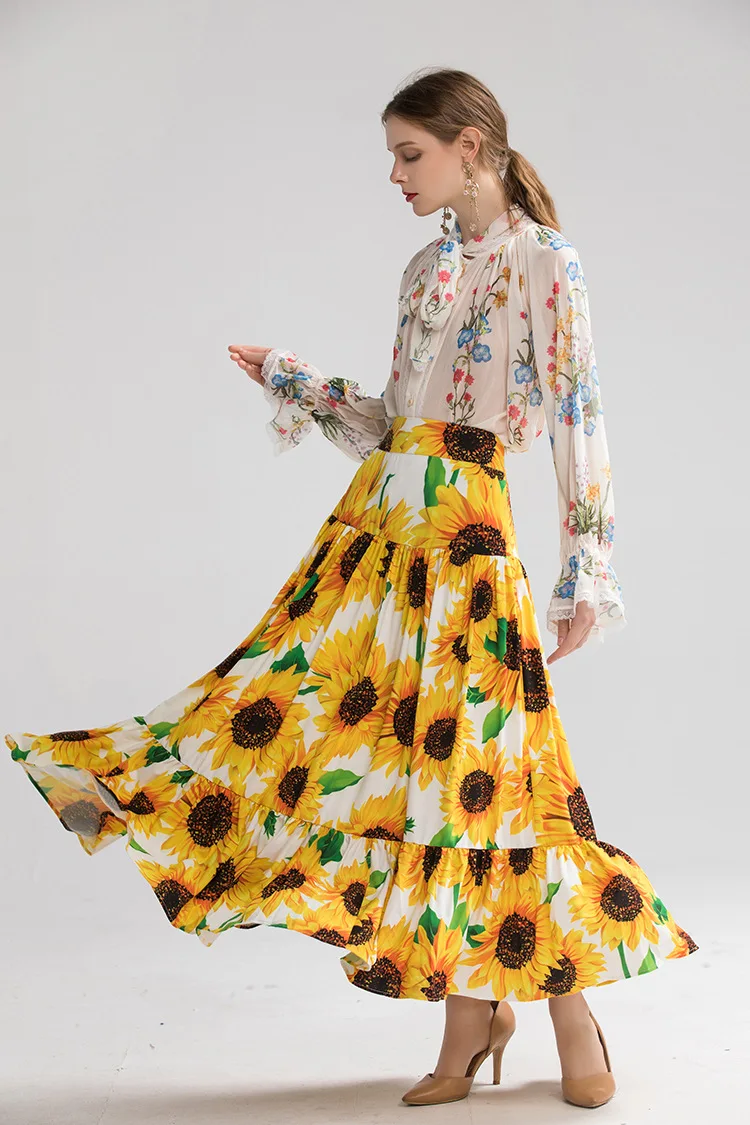 Fashion women's brand new high quality loose Shirts+floral print skirts two piece set 2019 Autumn women skirt suit B014 |