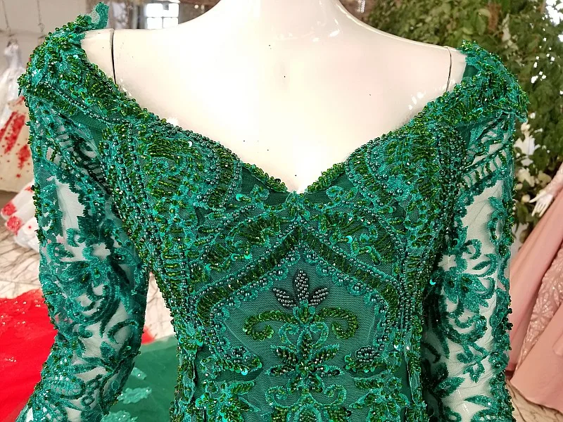 BGW HT3272 Green Mermaid Evening Dress With Handmade Beadings Long Sleeve V-neck Shiny Dress For Party With Train As Photos 2020