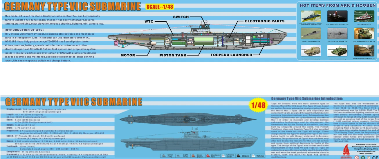 ARKMODEL немецкая u-лодка Тип VIIC RC Подводная лодка 1:48 масштабные модели пластиковые хобби комплект