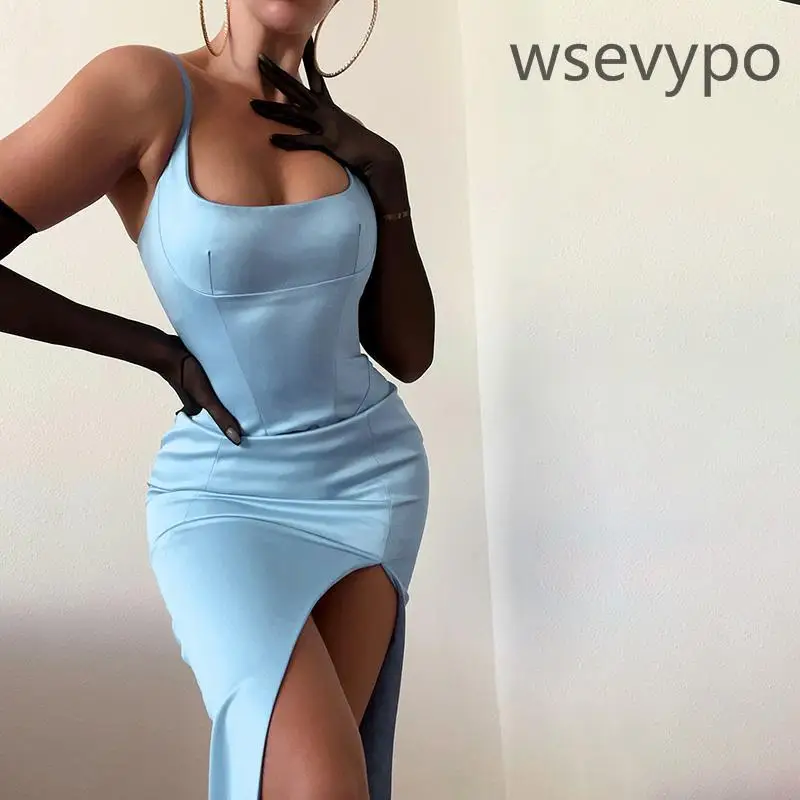 

Wsevypo элегантное платье на тонких бретельках вечернее платье с высоким разрезом сексуальное женское платье с низким вырезом корсет облегающ...