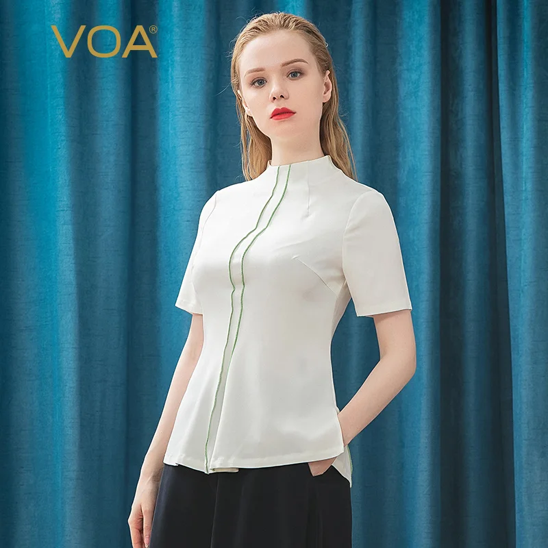 

VOA белая Тяжелая шелковая футболка, летняя футболка с коротким рукавом, высокое качество, Koszulki Damskie, повседневные женские топы, офисные женск...
