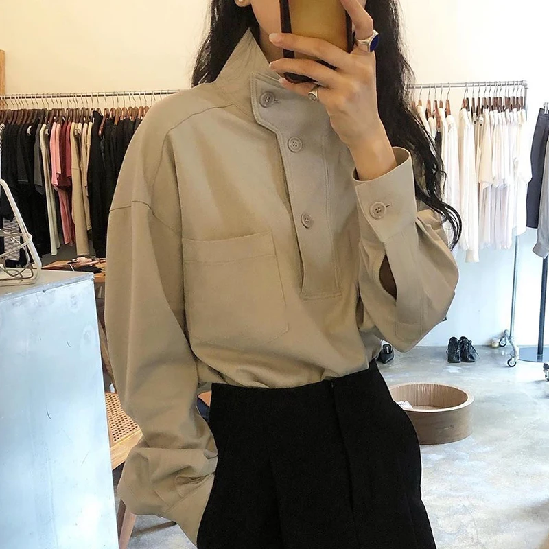 

Blusas Mujer De Moda Casual Vintage Autumn Loose Solid Wild Puff Long Sleeve Shirts Women Stand Tops Button Up Camisas Mujer