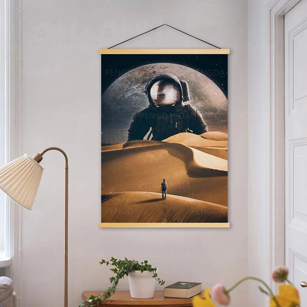 

Холщовый мультяшный плакат, картина космонавта, украшение для дома, печать на стене, деревянный свиток, подвесная картина для кровати, фон
