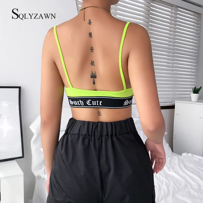 Patchwork Sexy V-neck crop Top Women neon color Letter Ribbon Backless Elastic Waist tank Top Streetwear Sleeveless Fitness Tops