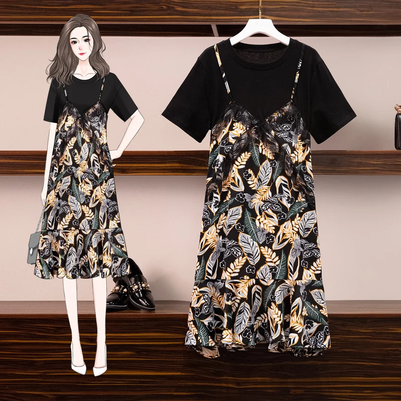 Модные корейские свободные L 4XL из двух частей черные женские платья больших