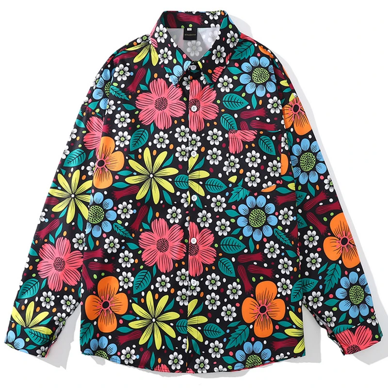 

Men's Floral Leave Print Hawaii Shirts Male Harajuku Button Shirts Streetwear Fall Long Sleeve Oversize Blouse camisa masculina