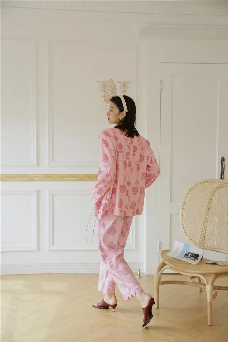 

Rose Print Korean Autumn Pants Fashion Clothes Pink Floral Pants Women Trousers High Waist Wave Hem Wide Leg Pants