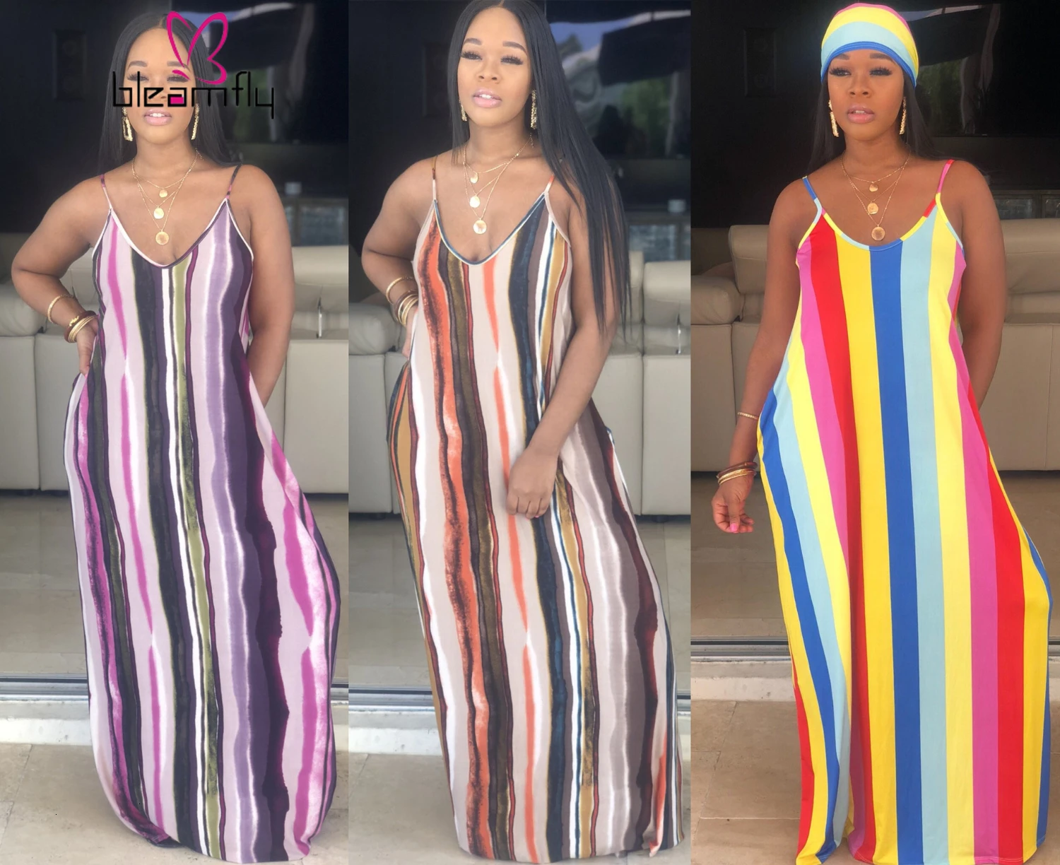 2019 женское летнее платье в разноцветную полоску с бретельками без рукавов