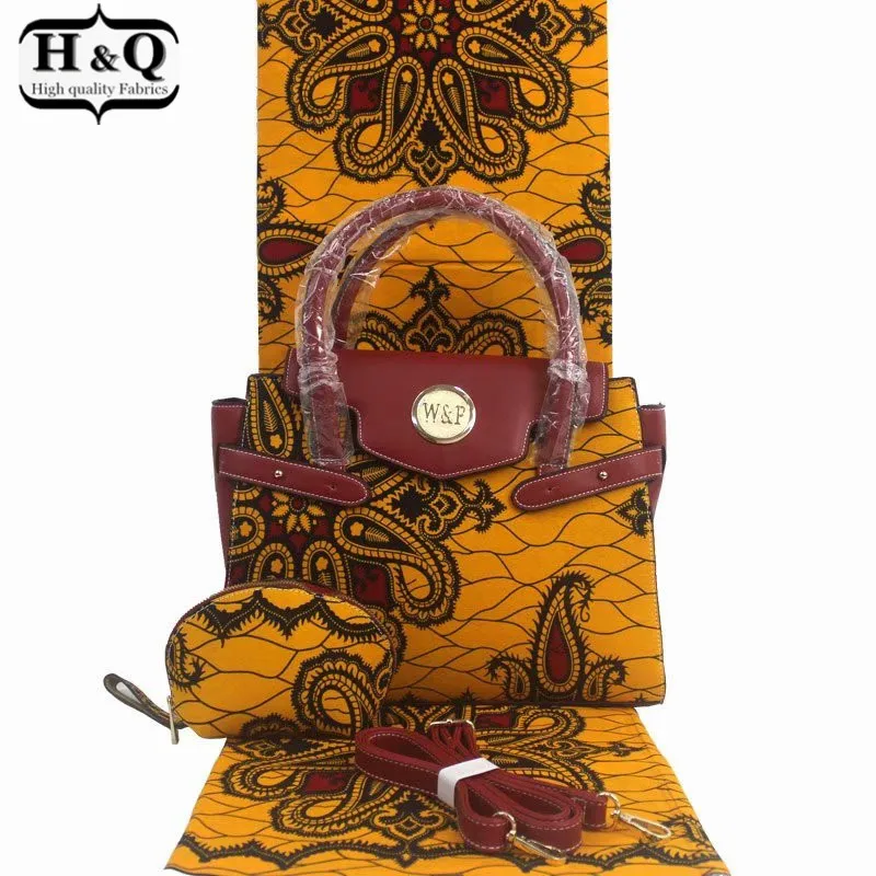 

H&Q popular african wax bags three-piece high quality 6 yards/lot real print wax fabric match big handbag and small wallet H118