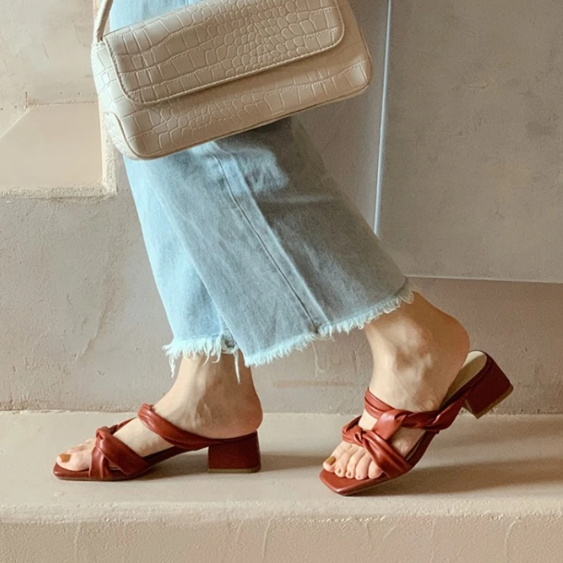 FITWEE Women Sandals Shoes Fashion Square Heels Designer Solid Color Good Quality Slip On Footwear Size 34-40 | Обувь