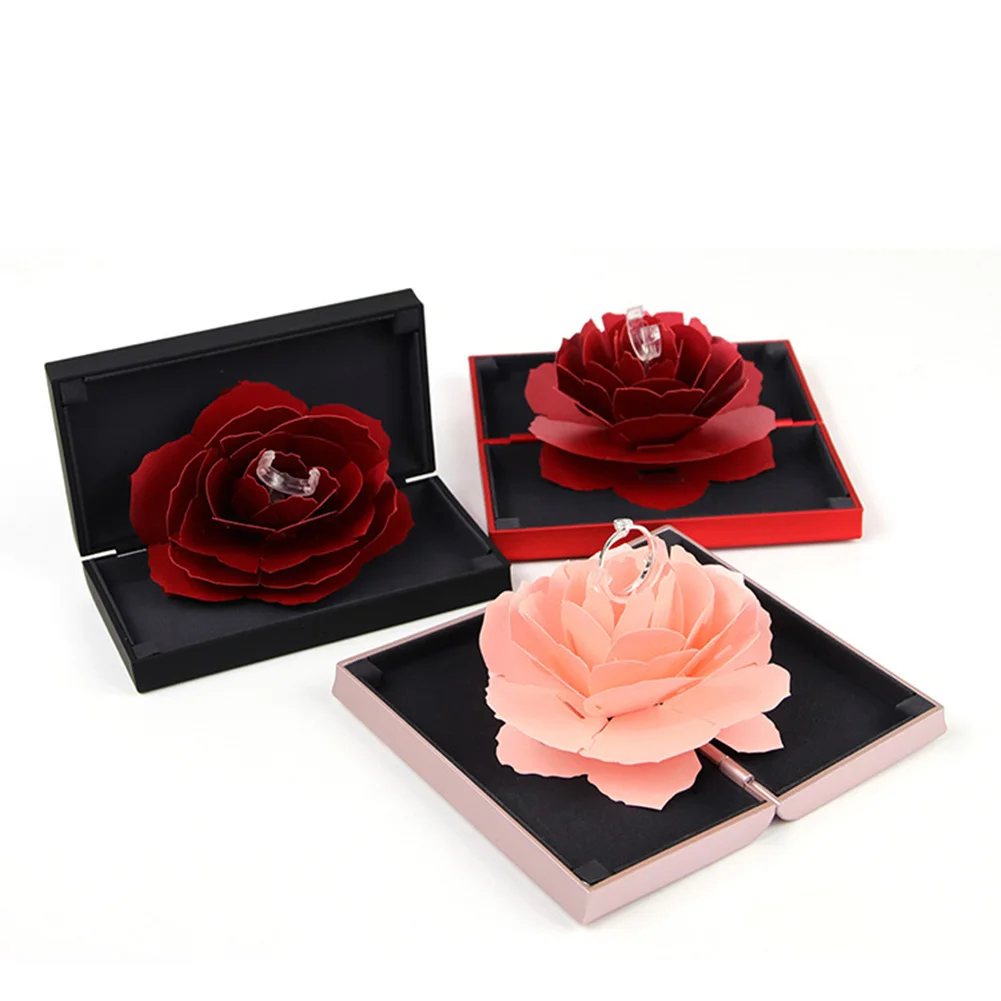 

Gift Embossing Paper Rose Display Bump Wedding Case Lightweight Ring Box Proposal Flick Open Portable Jewelry Storage Holder
