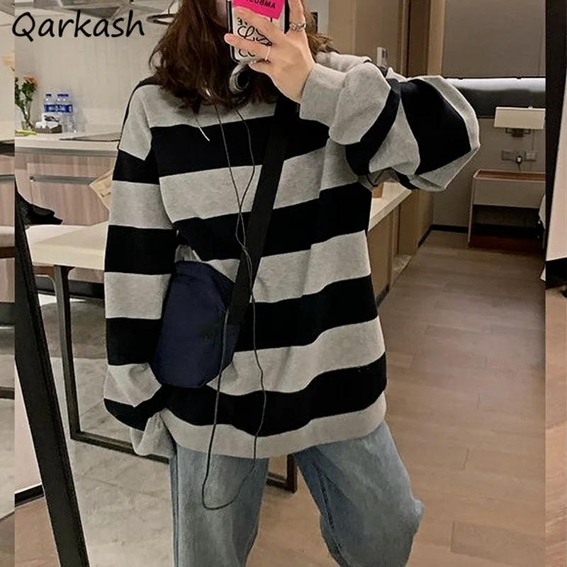 

Pullovers Women Vintage Knitting Leisure Street Style Autumn Long Sleeve Loose Stylish Unisex Chic Fit Striped Female Korean New