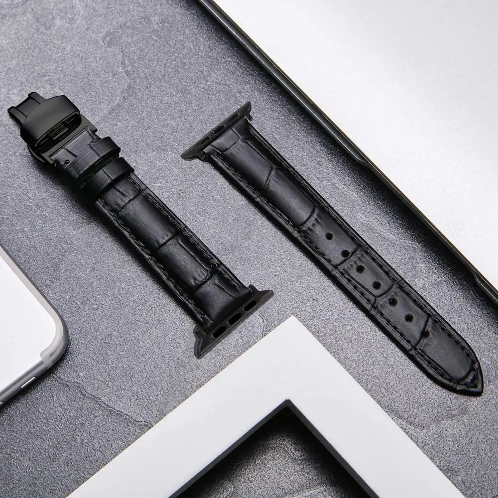 Кожаный ремешок с застежкой бабочкой для apple watch 6 5 4 SE браслет 44 мм 40 42 38 iwatch 3 2 1