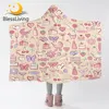 BlessLiving Girl Party Hooded Blanket Cartoon Watercolor Blanket Hoodie Pink Butterfly Wearable Blanket Floral Retro Cobertor 1