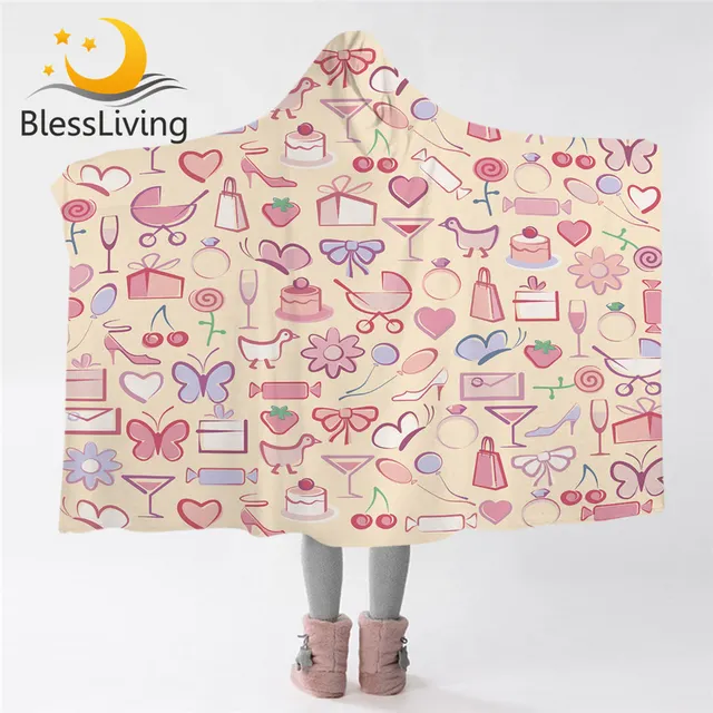 BlessLiving Girl Party Hooded Blanket Cartoon Watercolor Blanket Hoodie Pink Butterfly Wearable Blanket Floral Retro Cobertor 1